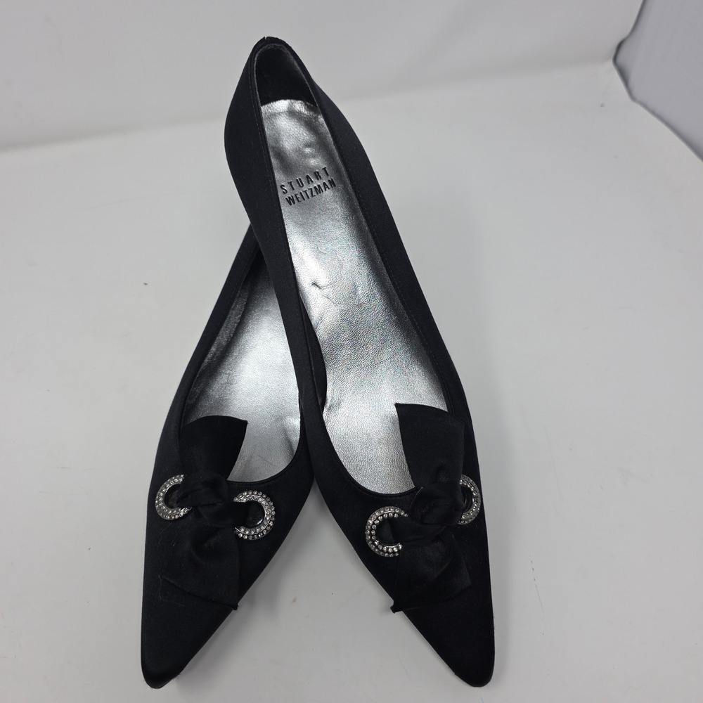Stuart Weitzman Kitten Heels Womens 8.5 Black Satin Bow Rhinestone Pointed Toe